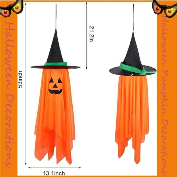 2 Pack Halloween Decorations, Pumpkin Wizard Hat Pre-Installed Pumpkin Ghosts - Picture 2 of 8
